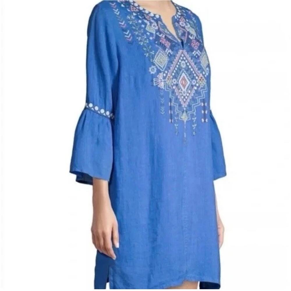 Johnny Was Workshop Blue Embroidered Tunic Dress Bohemian with Slip XS VGUC
